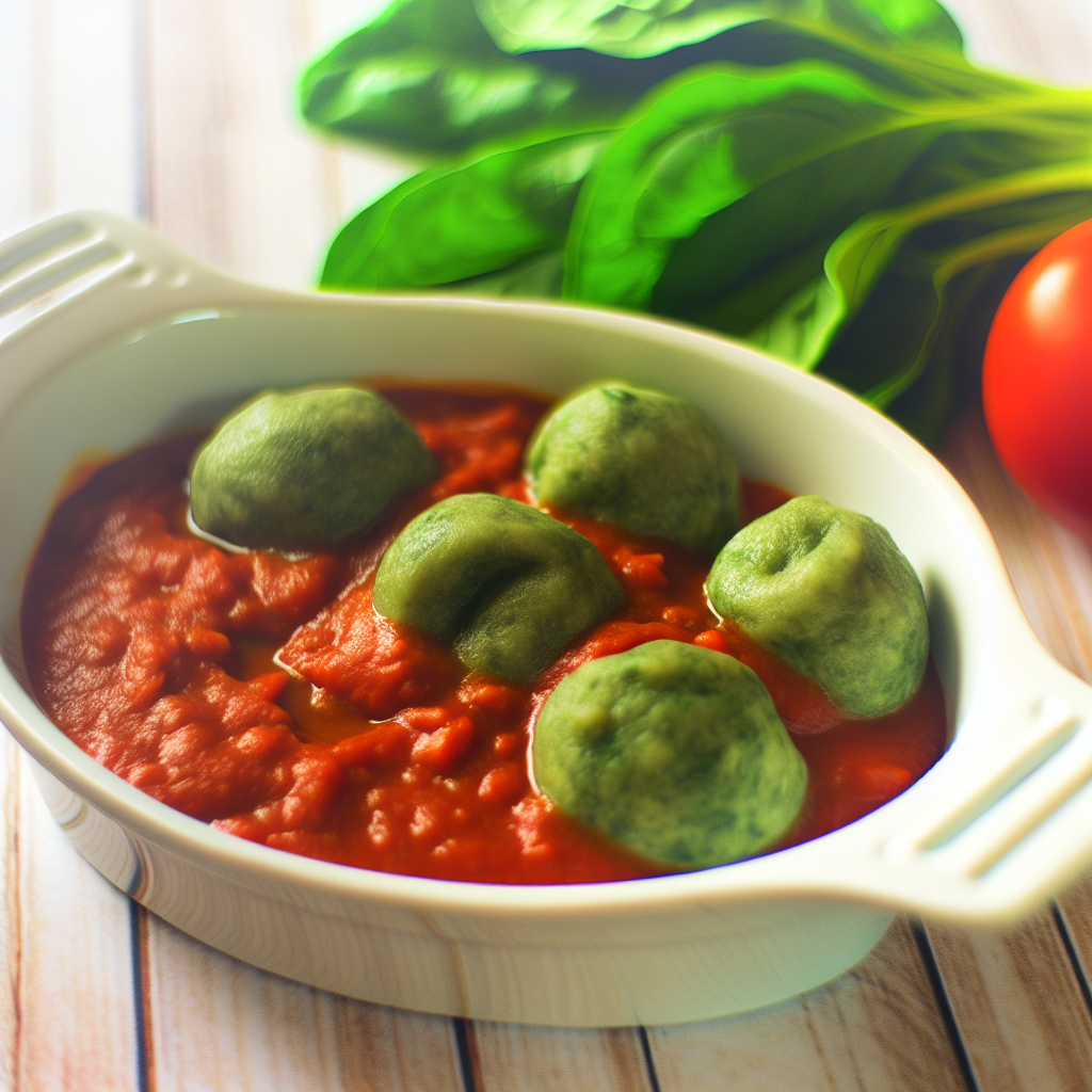 Vegane Spinatknödel mit Tomatensauce